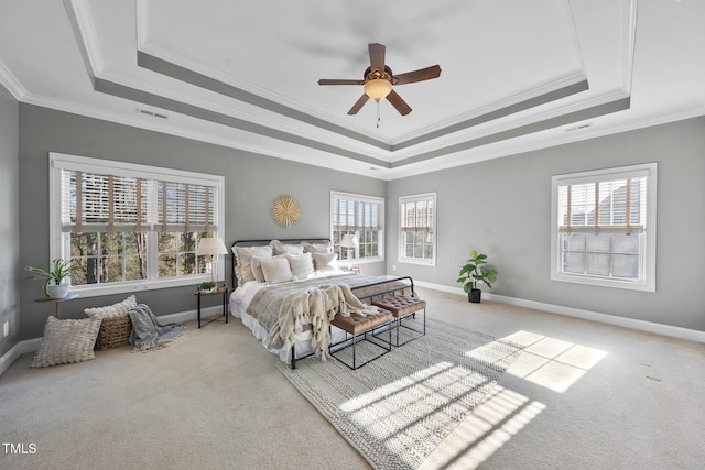 bedroom with carpet floors, multiple windows, and a raised ceiling