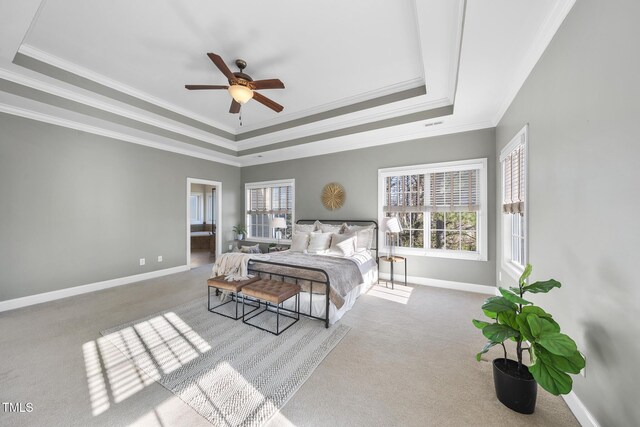 bedroom featuring a raised ceiling, multiple windows, crown molding, and baseboards