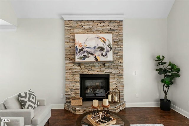 living area with a stone fireplace, wood finished floors, and baseboards