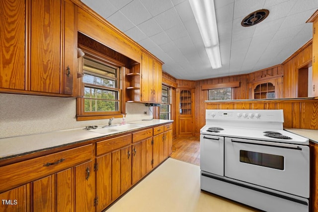 kitchen with a sink, a healthy amount of sunlight, brown cabinets, and white electric range