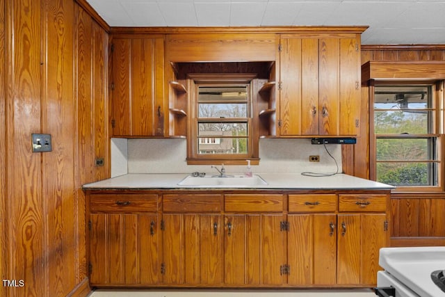 kitchen featuring brown cabinetry, plenty of natural light, light countertops, and a sink