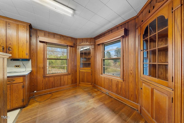 unfurnished dining area with light wood-style flooring, wooden walls, and baseboards