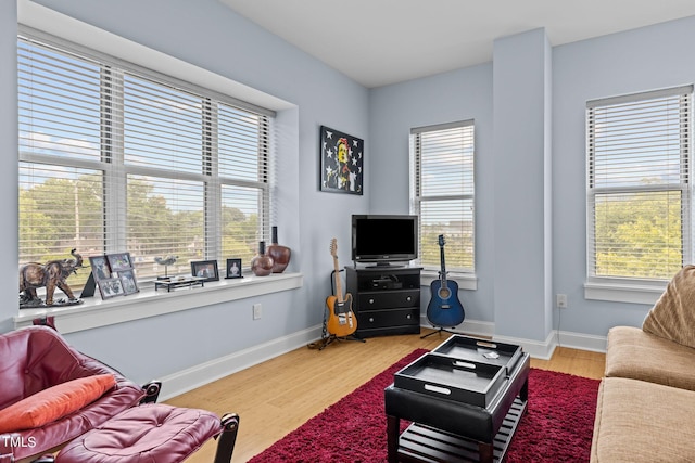 living area with baseboards, light wood-style flooring, and a healthy amount of sunlight