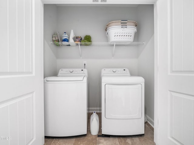 laundry room featuring laundry area, washing machine and dryer, and visible vents