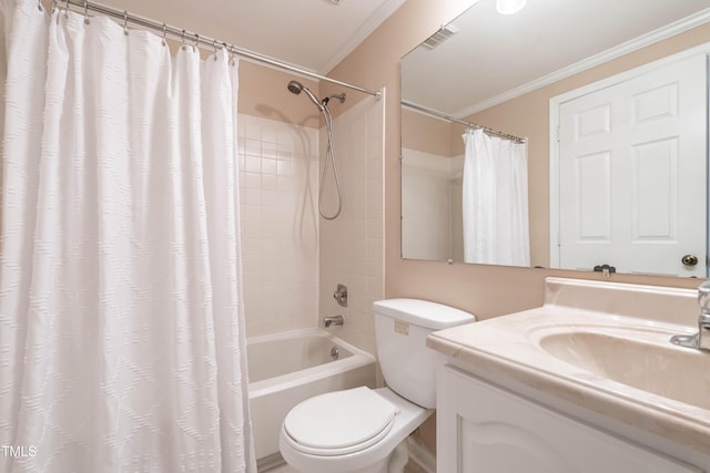 bathroom with toilet, visible vents, vanity, ornamental molding, and shower / tub combo with curtain