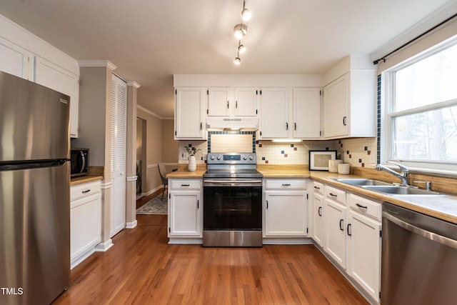 kitchen with stainless steel appliances, decorative backsplash, white cabinets, a sink, and under cabinet range hood