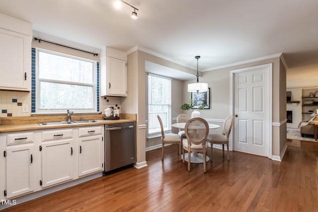 kitchen with dark wood-style floors, backsplash, stainless steel dishwasher, white cabinets, and a sink