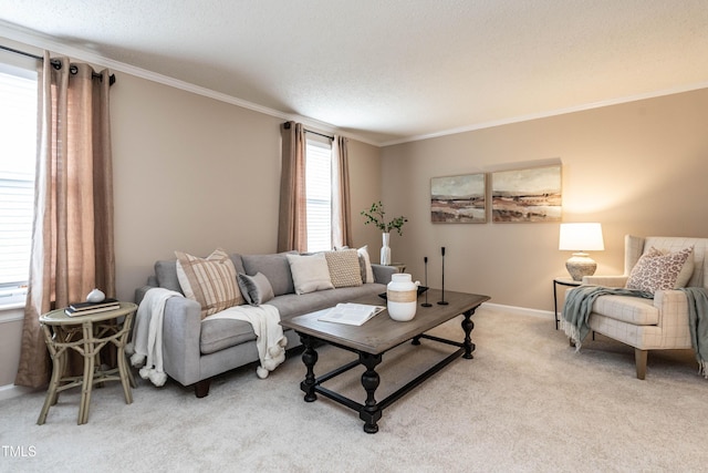 living room featuring baseboards, ornamental molding, a textured ceiling, and light colored carpet