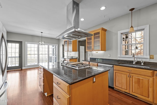 kitchen featuring dark wood-style flooring, stainless steel appliances, glass insert cabinets, a sink, and island range hood