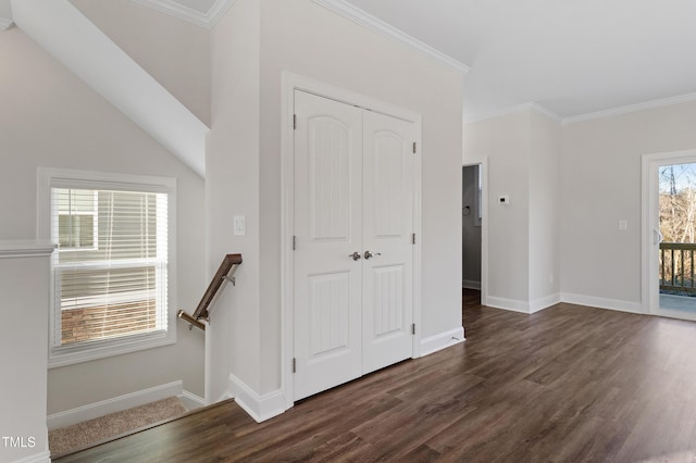 interior space with baseboards, dark wood-type flooring, and crown molding