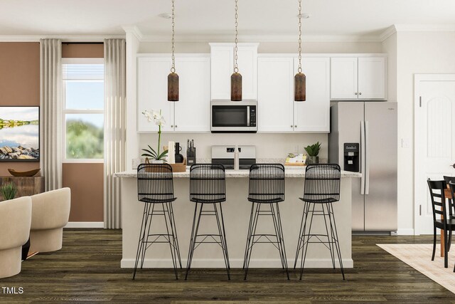kitchen with a breakfast bar area, crown molding, dark wood-style floors, white cabinets, and appliances with stainless steel finishes