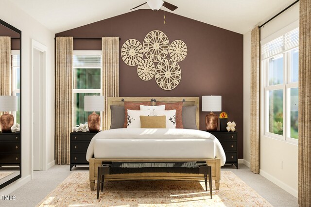 carpeted bedroom featuring a ceiling fan, baseboards, and vaulted ceiling