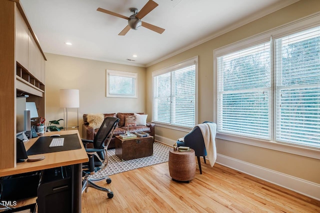 home office with light wood finished floors, baseboards, ornamental molding, recessed lighting, and a ceiling fan