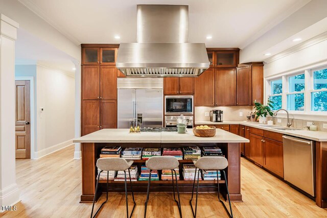 kitchen with island exhaust hood, built in appliances, light wood finished floors, and a sink