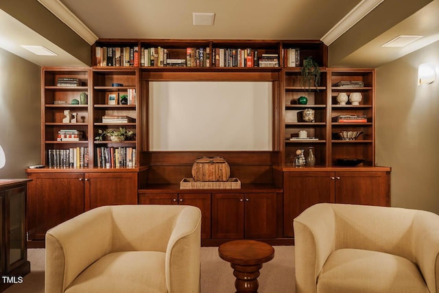 living area featuring carpet flooring and ornamental molding