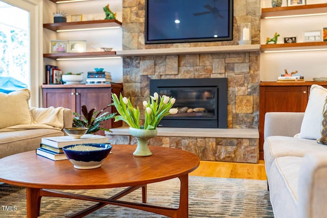 living room with a fireplace and wood finished floors