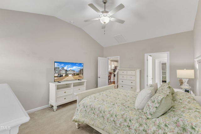 bedroom featuring lofted ceiling, light carpet, baseboards, and a ceiling fan