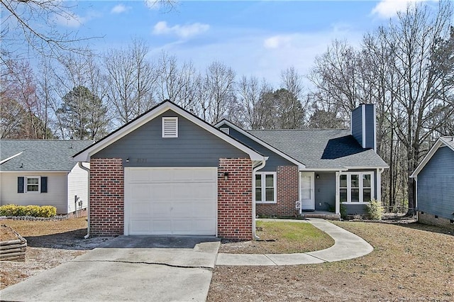 ranch-style home featuring a garage, brick siding, a shingled roof, concrete driveway, and a chimney