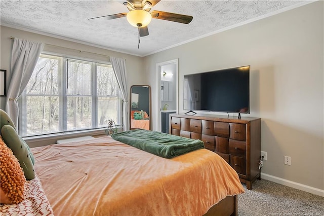 carpeted bedroom with multiple windows, baseboards, a textured ceiling, and ornamental molding