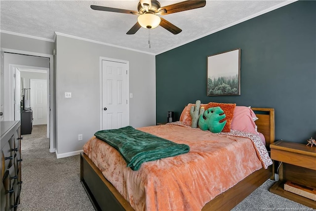 bedroom with carpet floors, crown molding, ceiling fan, a textured ceiling, and baseboards