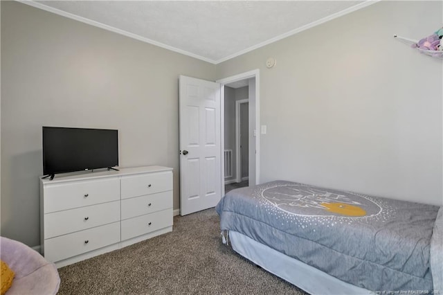 carpeted bedroom featuring ornamental molding