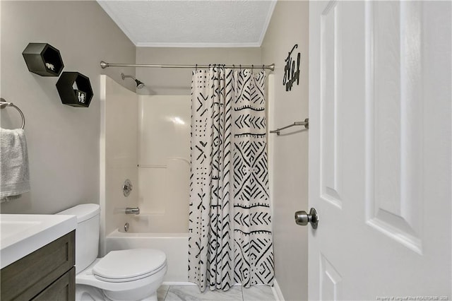 bathroom featuring toilet, vanity, shower / bathtub combination with curtain, crown molding, and a textured ceiling