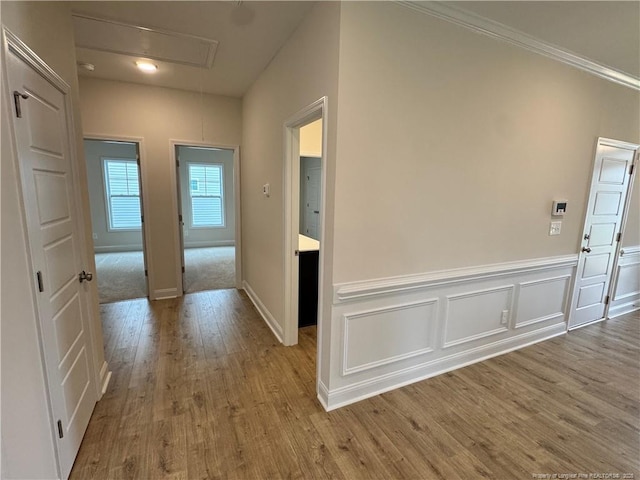 364 Whitestone Dr, Fayetteville, NC 28312 - hall with wood finished floors, attic access, and wainscoting