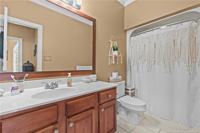 full bathroom with tile patterned flooring, a shower with curtain, vanity, and toilet