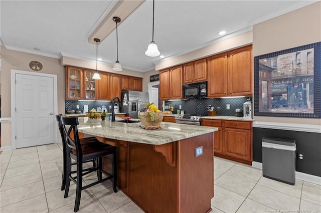 kitchen featuring brown cabinetry, glass insert cabinets, appliances with stainless steel finishes, ornamental molding, and a sink