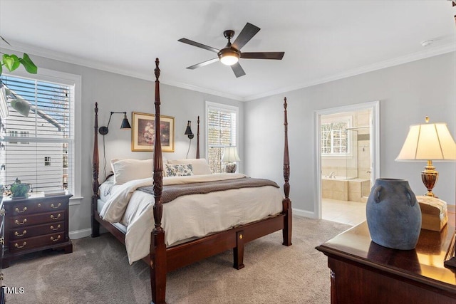 bedroom featuring connected bathroom, baseboards, light colored carpet, and ornamental molding