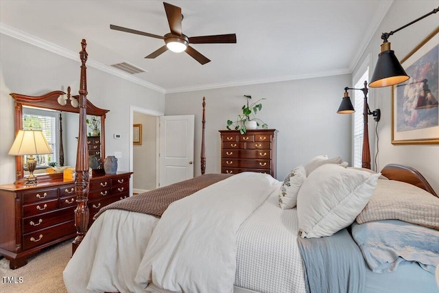 bedroom featuring light carpet, visible vents, a ceiling fan, and ornamental molding