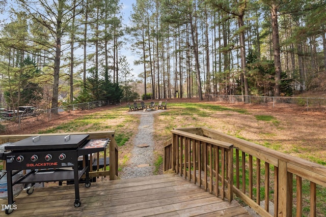 wooden terrace featuring grilling area, an outdoor fire pit, and fence