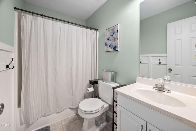 bathroom featuring tile patterned flooring, toilet, vanity, and shower / bathtub combination with curtain