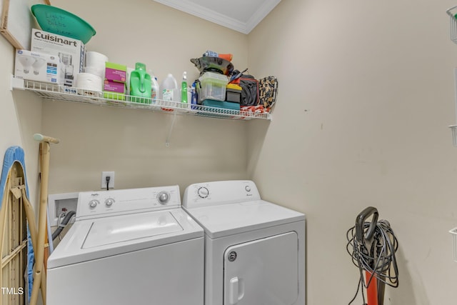 laundry room with laundry area, separate washer and dryer, and crown molding