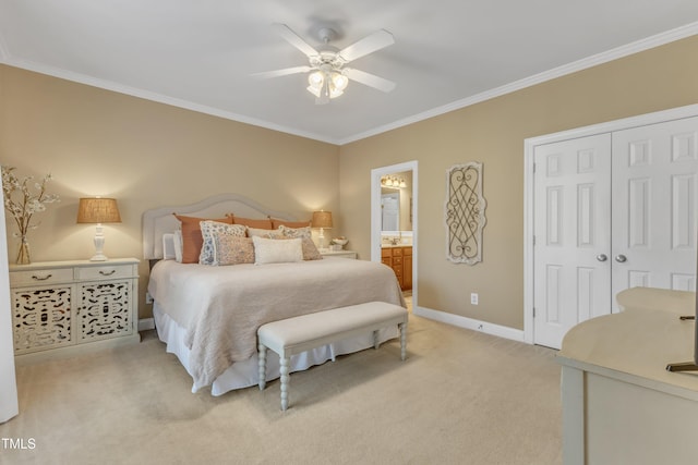 bedroom with light colored carpet, a ceiling fan, baseboards, ornamental molding, and a closet