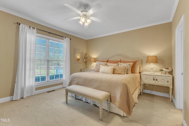 bedroom with crown molding, visible vents, a ceiling fan, light carpet, and baseboards