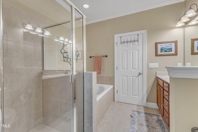 full bath featuring a stall shower, tile patterned flooring, crown molding, vanity, and a bath