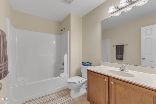 bathroom with visible vents, toilet, tile patterned floors, vanity, and shower / bathing tub combination