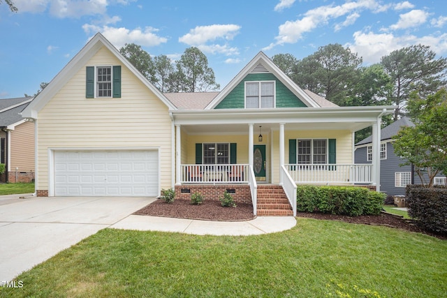 1208 Dunn Creek Xing, Wake Forest, NC 27587 - view of front facade featuring a porch, concrete driveway, a front yard, a shingled roof, and crawl space