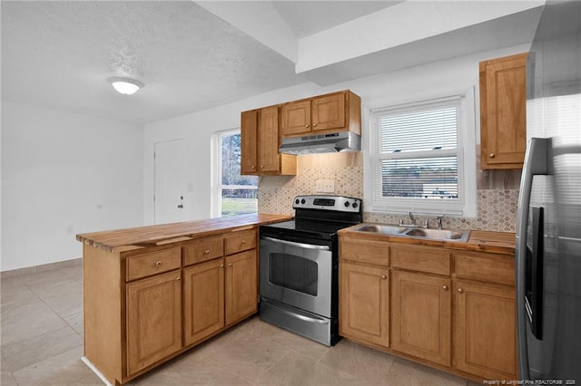 173 Style Dr, Parkton, NC 28371 - kitchen with under cabinet range hood, appliances with stainless steel finishes, a peninsula, plenty of natural light, and a sink