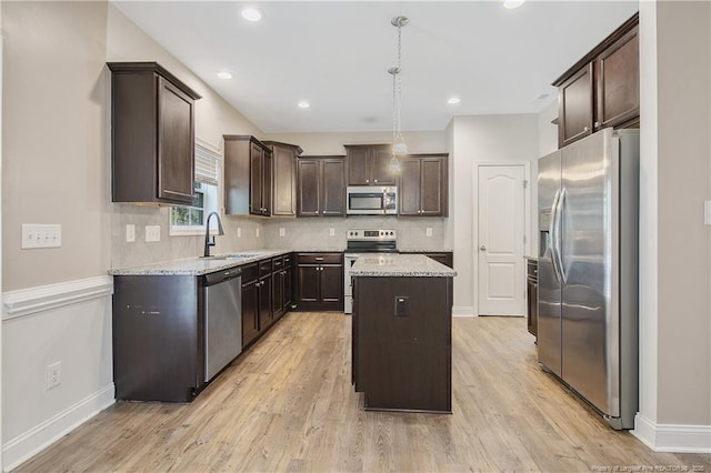 kitchen with dark brown cabinetry, decorative backsplash, a kitchen island, stainless steel appliances, and a sink