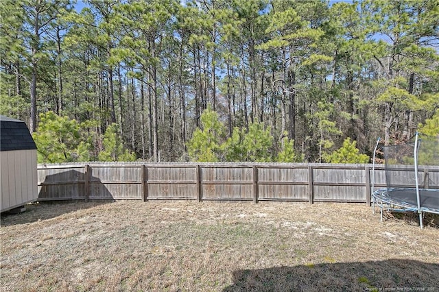 view of yard featuring a storage unit, a trampoline, an outdoor structure, and a fenced backyard