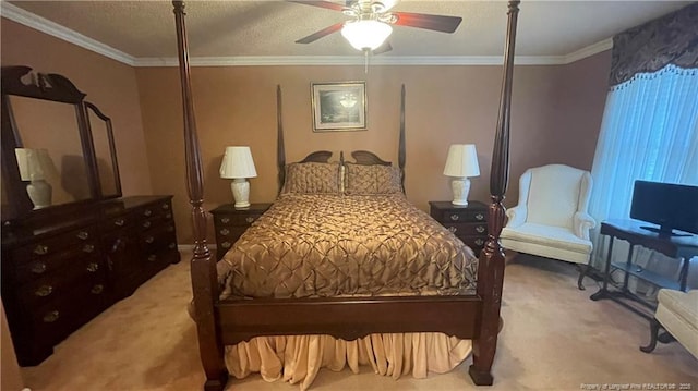 107 Oakmont Dr, Clinton, NC 28328 - carpeted bedroom with a textured ceiling, a ceiling fan, and crown molding