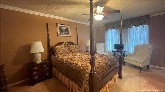 107 Oakmont Dr, Clinton, NC 28328 - bedroom with a ceiling fan, light carpet, a textured ceiling, baseboards, and ornamental molding