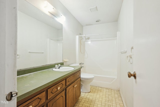 bathroom with toilet, bathing tub / shower combination, visible vents, and vanity