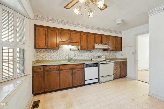 kitchen featuring under cabinet range hood, white appliances, a sink, visible vents, and light floors