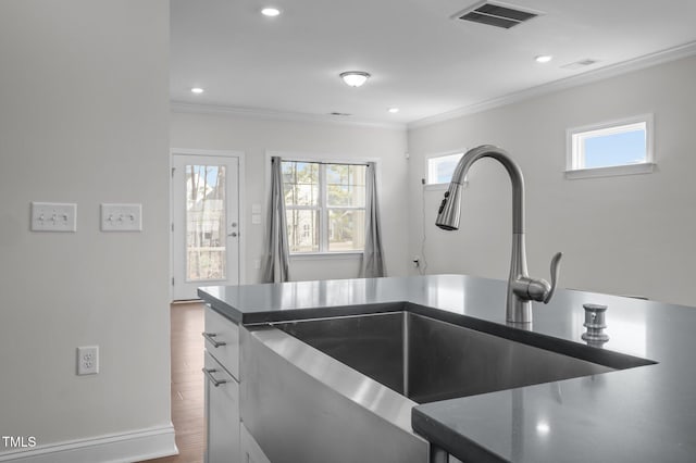 kitchen featuring visible vents, a sink, ornamental molding, recessed lighting, and dark wood-style flooring