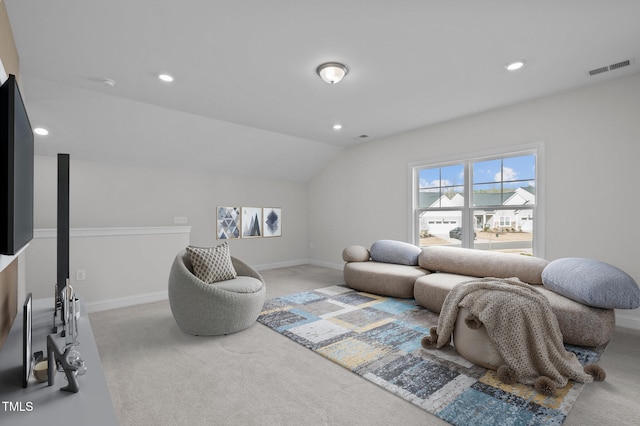 carpeted living room with vaulted ceiling, recessed lighting, visible vents, and baseboards