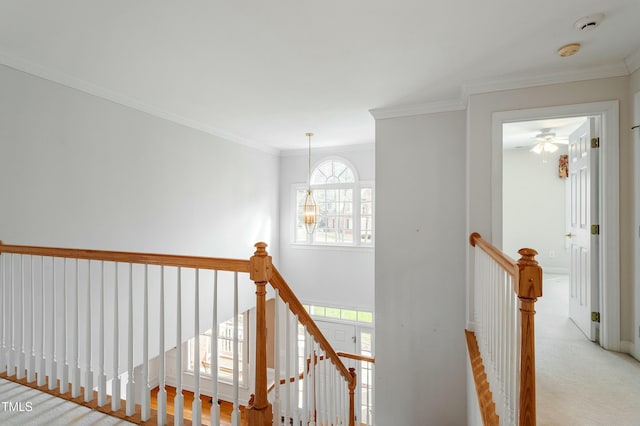 stairs featuring a notable chandelier and crown molding