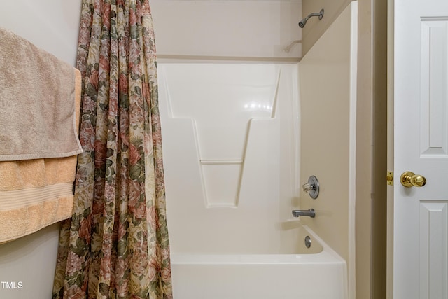 full bathroom with shower / bathtub combination with curtain